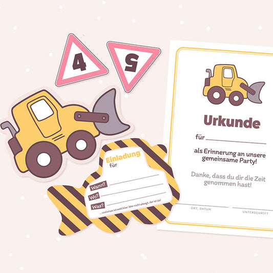 Einladungskarte, Urkunde & Caketopper "Radlader Rudi" (Bastelidee und Druckvorlage)