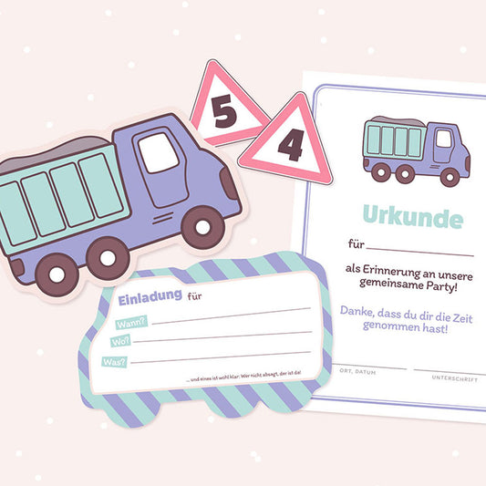 Einladungskarte, Urkunde & Caketopper "Kipplaster Karl" (Bastelidee und Druckvorlage)