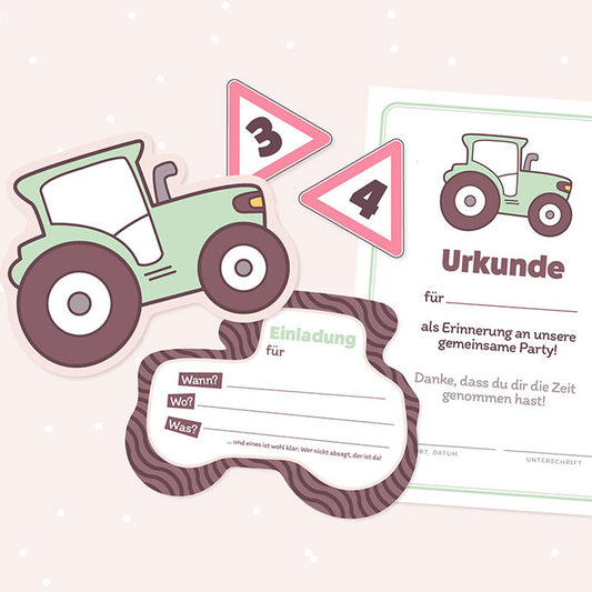 Einladungskarte, Urkunde & Caketopper "Traktor Tom" (Bastelidee und Druckvorlage)