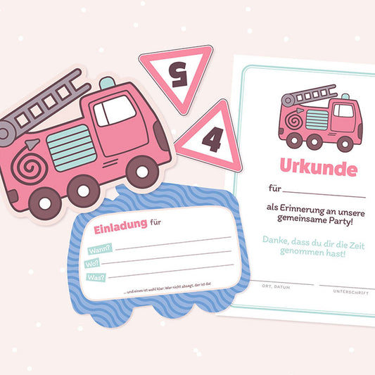 Einladungskarte, Urkunde & Caketopper "Feuerwehr Fred" (Bastelidee und Druckvorlage)